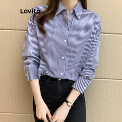 (Elegante) Lovito Blusa Listrada Manga Comprida Botão Blusa De Verão Para Mulheres LNA26184 (Multicolorido)