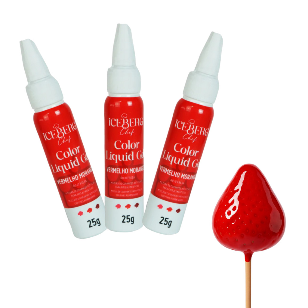 Kit 3 Corantes Vermelho Morango Cravejado Liquid Gel 25G Para Morango Do Amor Pipoca Doces Iceberg