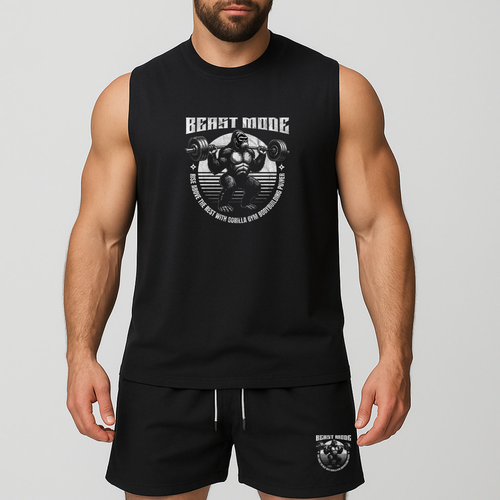 conjunto regata oversized e short de tactel de academia másculino estampada gorila beast mode