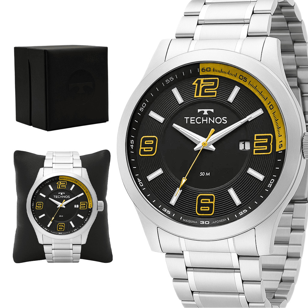 Relogio Technos Original Masculino Aço Inoxidavel Prateado Resistente a Agua 1 Ano de Garantia - Watches