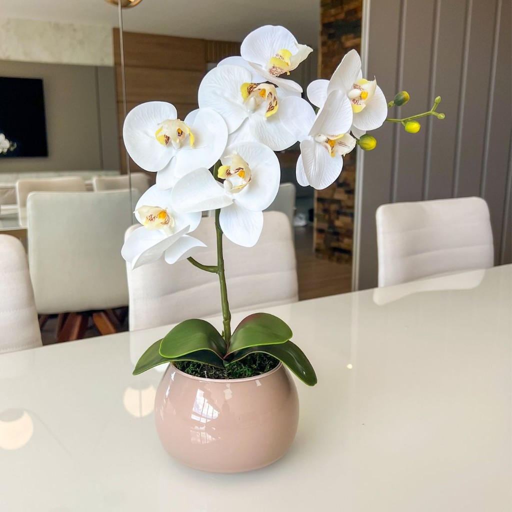 Arranjo de Orquídea Branca Toque Real em Vaso de Vidro Fendi Decorativo para Sala