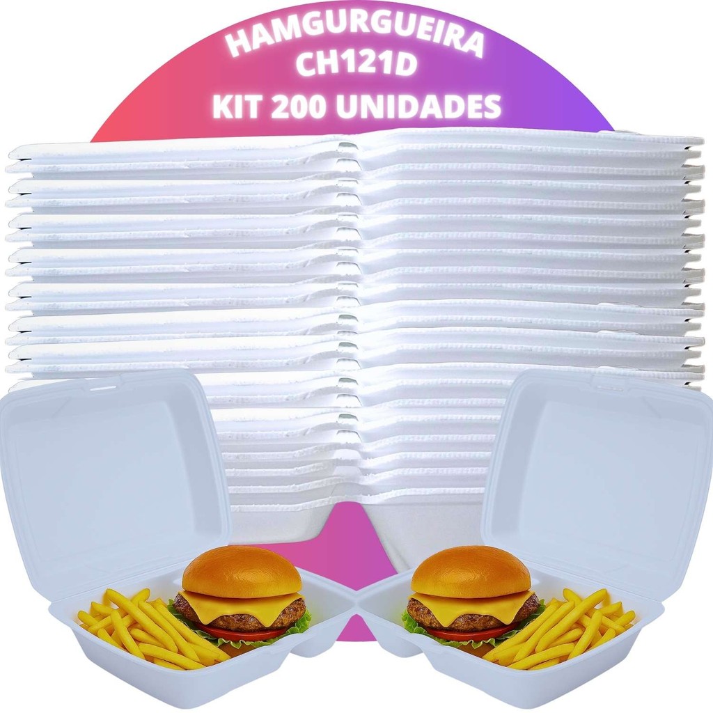 Kit 200 Unidades Hamburgueira de Isopor CH121D Com Divisória Multiuso Restaurante