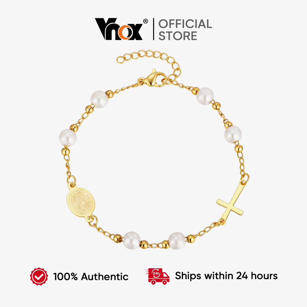Vnox Virgem Maria Jesus Cruz Pérola Pulseira Para Mulher , Ouro Aço Inoxidável Não Desbotamento Fé Cristã Jóias Presente