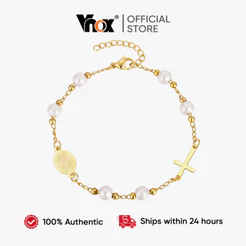 Vnox Virgem Maria Jesus Cruz Pérola Pulseira Para Mulher , Ouro Aço Inoxidável Não Desbotamento Fé Cristã Jóias Presente