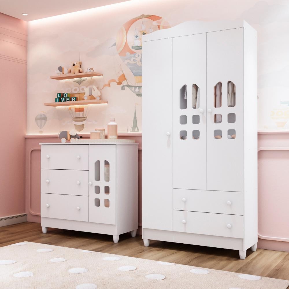 Quarto Bebê Completo Guarda Roupa 3 Portas Cômoda 3 Gavetas 1 Porta Eloá 100% MDF em Oferta na Shopee