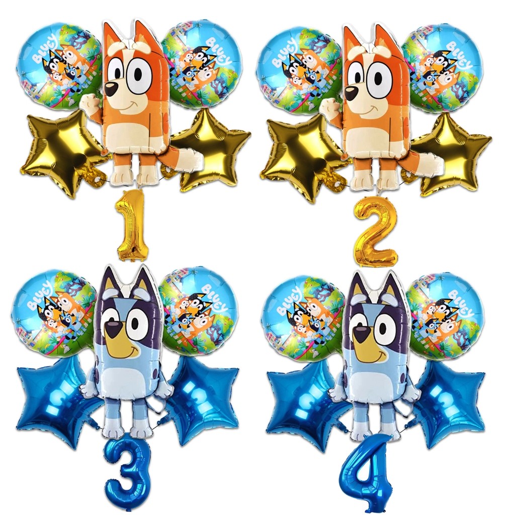 Kit 6 Balão Metalizado Bluey e Bingo Desenho Cachorro Pet Número Decoração Festa Enfeite Aniversário