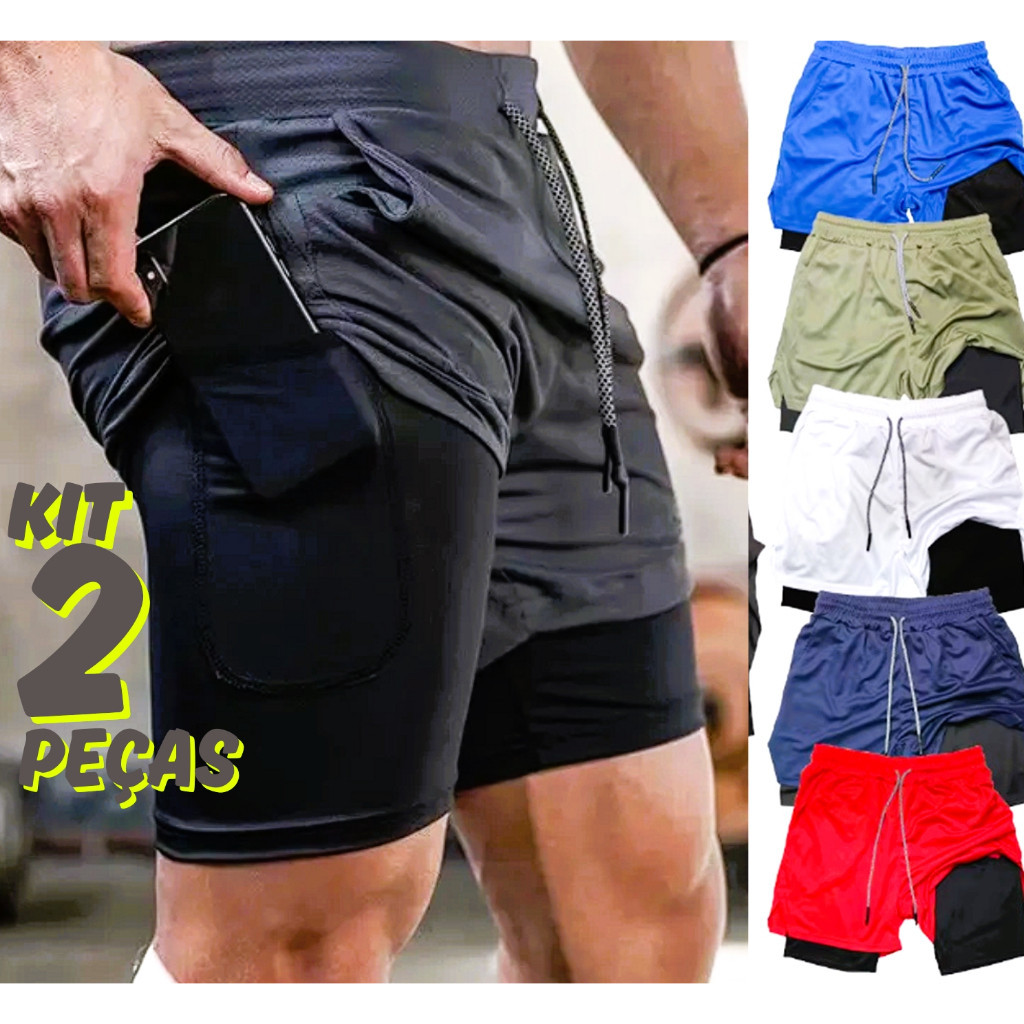 Kit 2 Shorts Sport Bermuda Masculino 2 em 1 Short Duplo para Academia e Corrida Short com Forro
