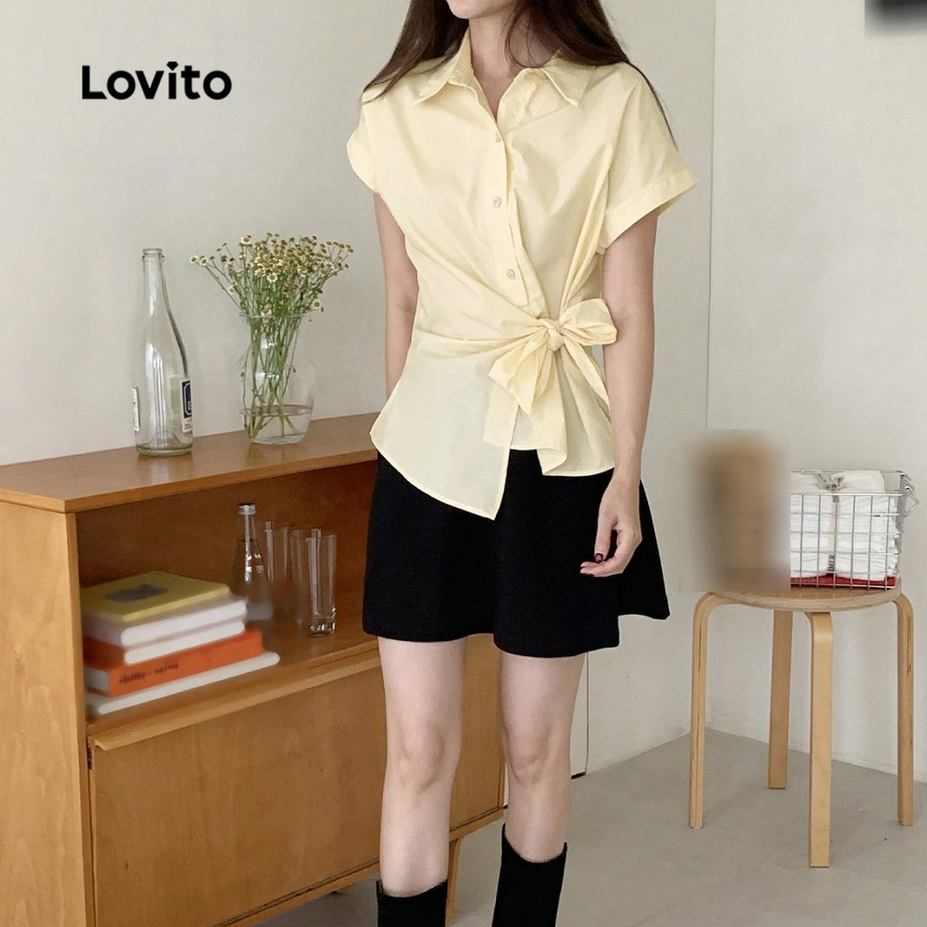 Detalhes do Lovito Blusa Feminina Casual com Nó Assimétrico Primavera Verão Amarelo L137ED093