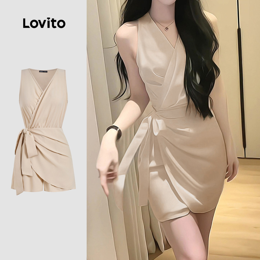 Lovito Macacão Elegante Assimétrico com Laço Na Frente para Primavera/verão em Cáqui claro L142LD474 em Oferta na Shopee