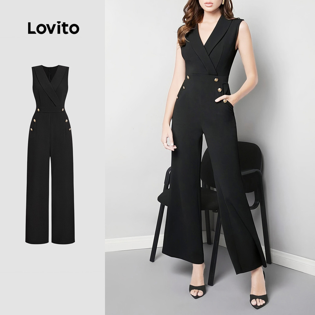 Lovito Macacão Casual de Botões com Pregas  Primavera/verão  Preto  para mulheres L143AD661 em Oferta na Shopee