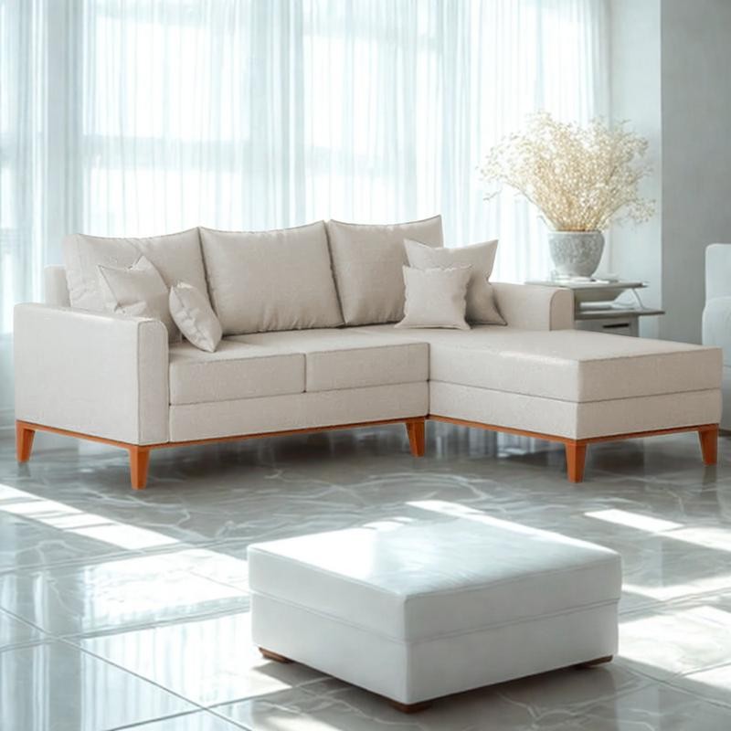 Sofá 3 Lugares Beny com Chaise Direito Linho Bege em Oferta na Shopee