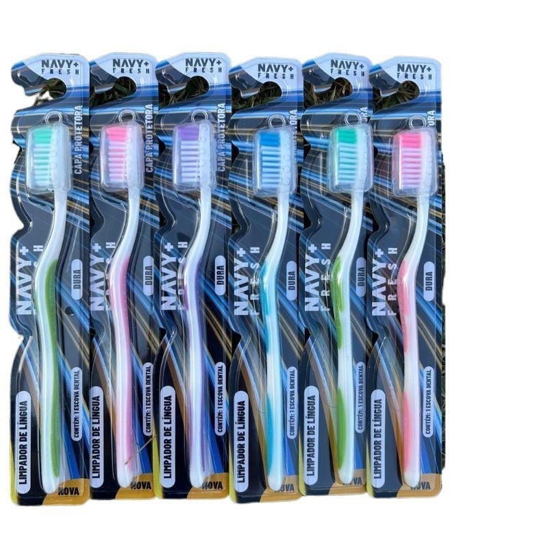 Kit Pacote Com 12 Escovas Dental Dura Adulto Com Capa Protetora e Limpador De Lingua