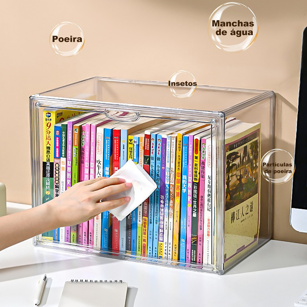 Caixa Organizadora de Livros Acrílico Grande Capacidade Transparente com Tampa Exibição Proteção Contra Poei