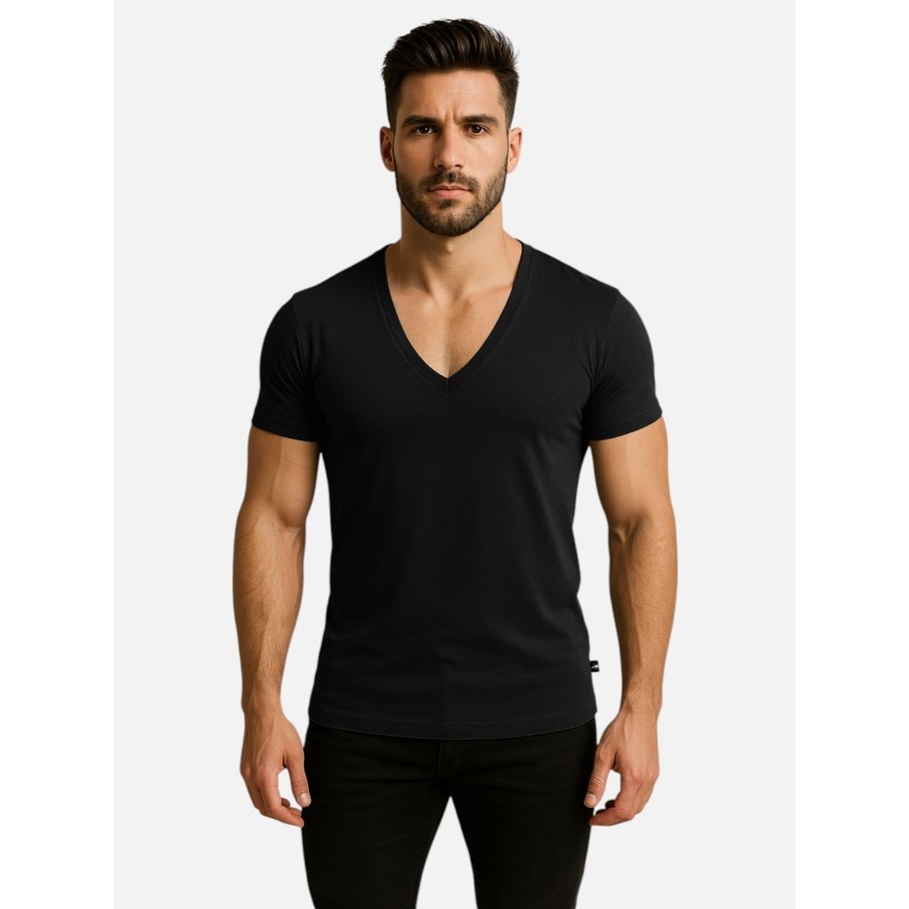 Camiseta Masculina Gola V Cavada Camisa Decote V Funda Manga Curta Viscose Elastano Slim