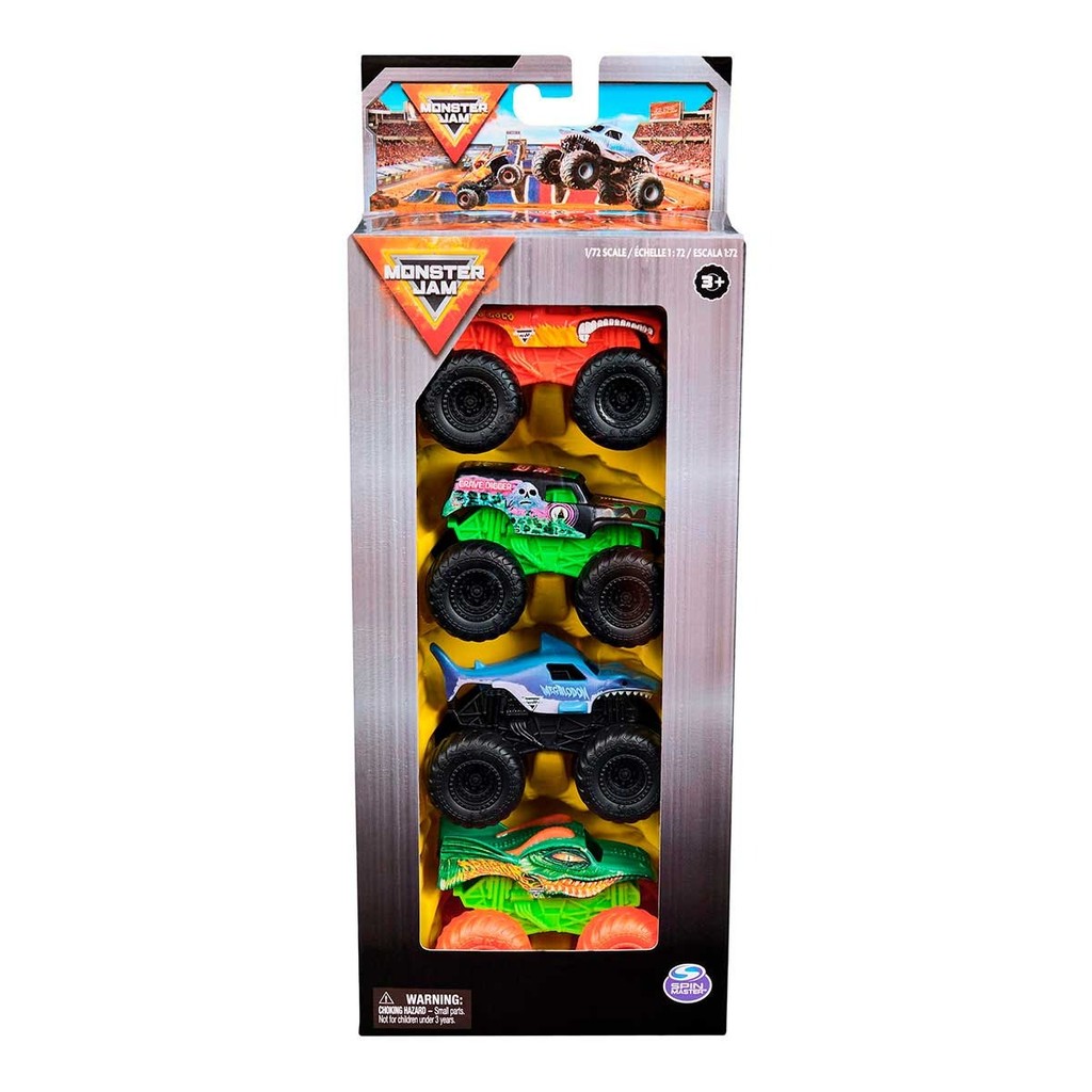 Pack c/ 4 Monster Jam - Megalodon, Dragon. Grave Digger, El Toro Loco - 1/72 7cm - Spin Master