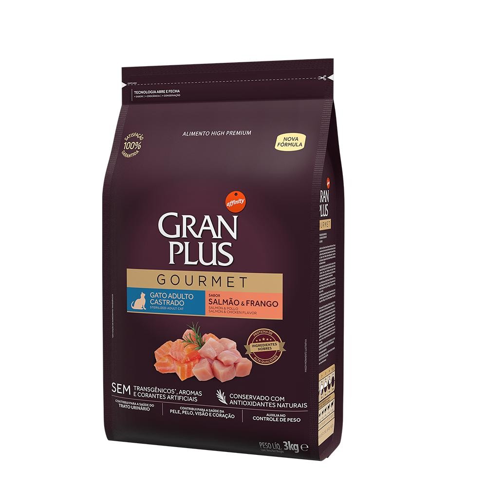 Ração GranPlus Gourmet Gatos Adultos Castrados Salmão Frango 3kg em Oferta na Shopee