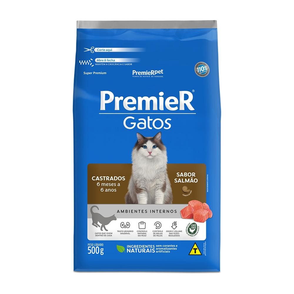 Ração Premier Gato Castrado Ambientes Internos Salmão 500g