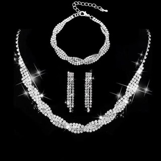 Conjunto de joias de casamento 3 em 1 incluindo colar de diamantes brincos e pulseira Elegante e brilhante