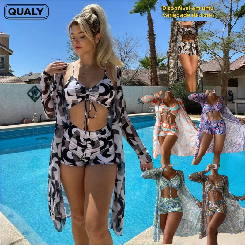 Biquíni 3 Peças Maiôs Feminino Estampado Conjunto Praia Franzido Cadarço Padrão Tropical  Com Saída - QUALY em Oferta na Shopee