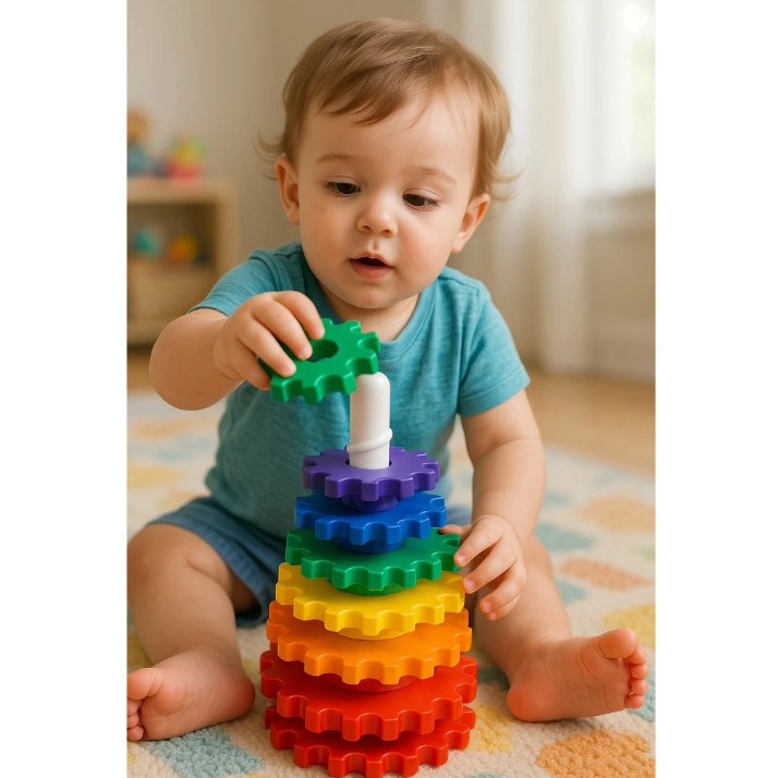 Brinquedo Infantil Didático Educativo – Torre de Engrenagens Giratória com Formas Geométricas em Oferta na Shopee