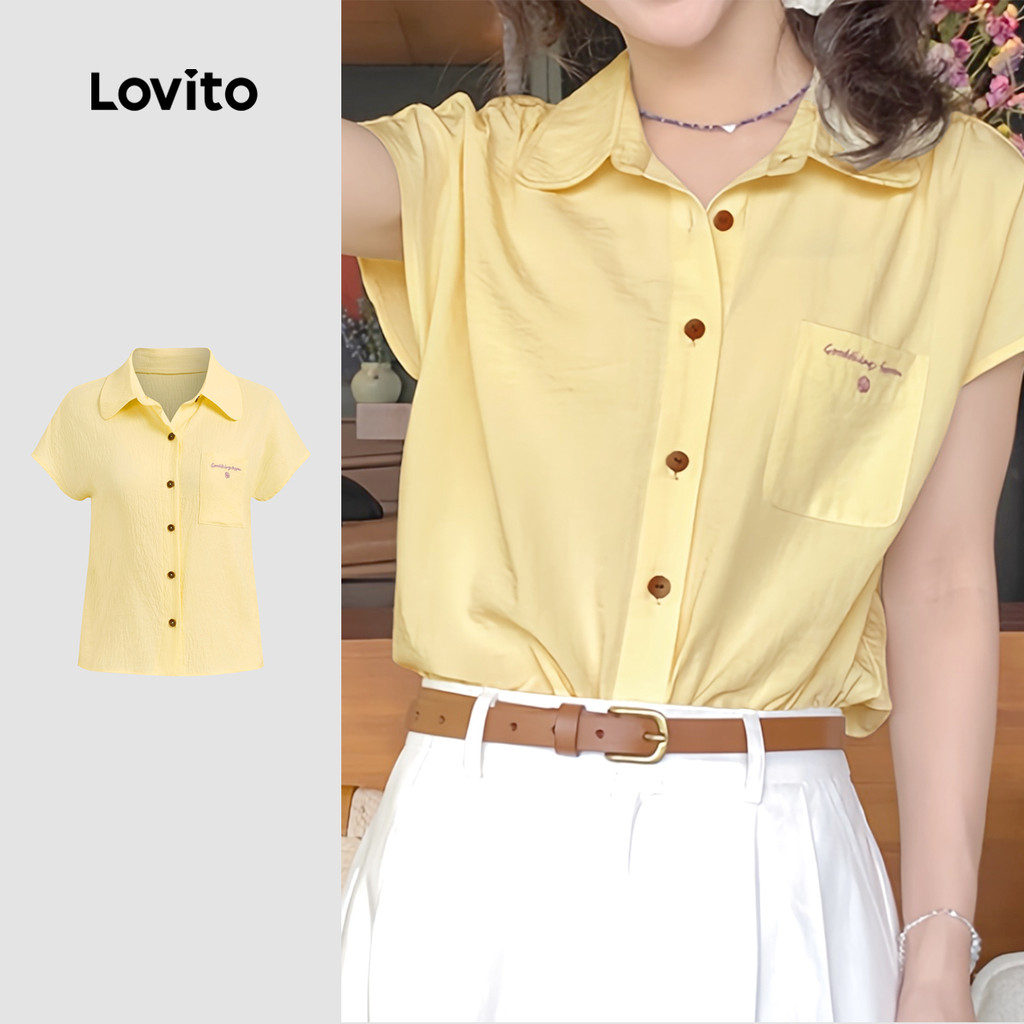 (New) Lovito Blusa Casual de Bolso Primavera/verão Blusa Amarela Clara para mulheres L144AD166