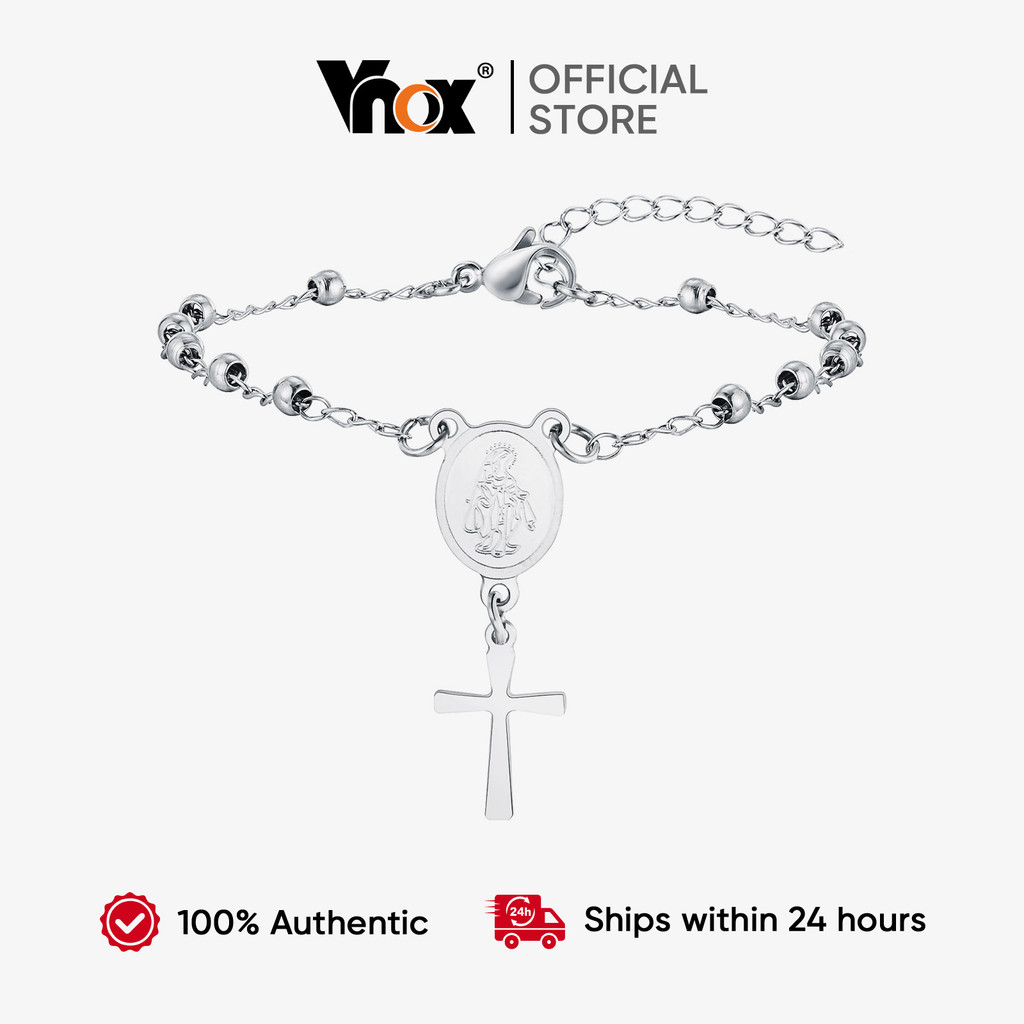 Vnox Virgem Maria Jesus Cruz Frisado Pulseira Para Mulher , Ouro Prata Aço Inoxidável Delicada Oração Fé Cristã Jóias em Oferta na Shopee