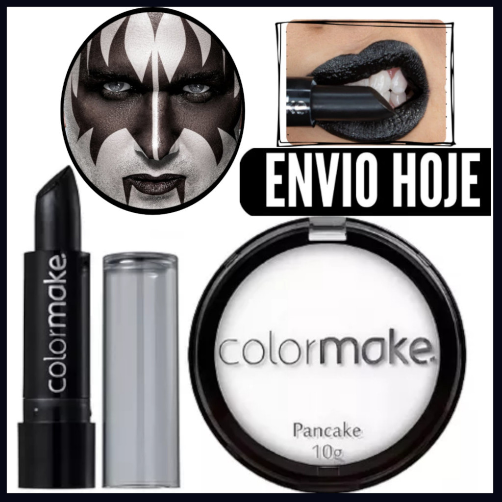 KIT PANCAKE BRANCO BATOM PRETO HALLOWEEN MAQUIAGEM ARTÍSTICA BRUXA PROMOÇÃO MAKE MAQUIAGEM GÓTICA