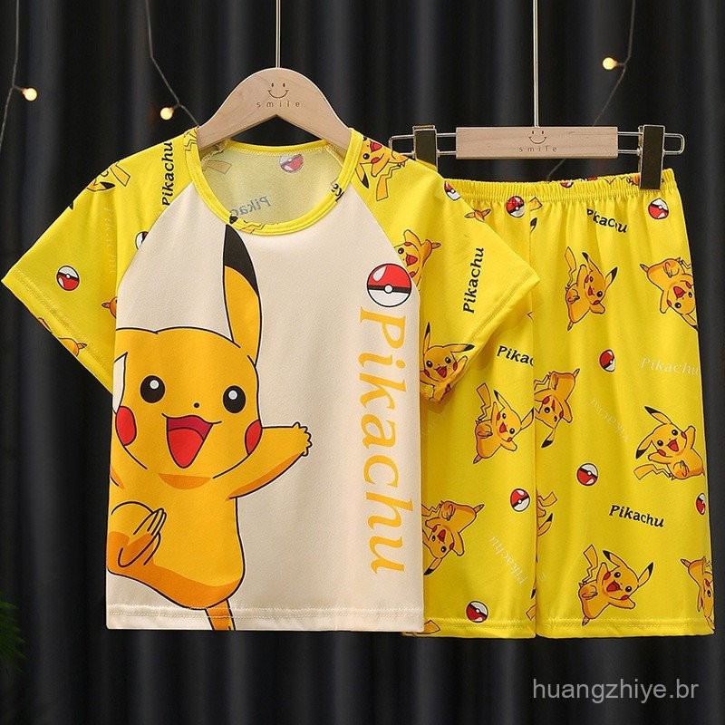 Imagem Pijamas Infantil Pikachu Meninos Meninas Verão Desenho Animado Confortável Conjunto de Loungewear de Manga Curta e Short