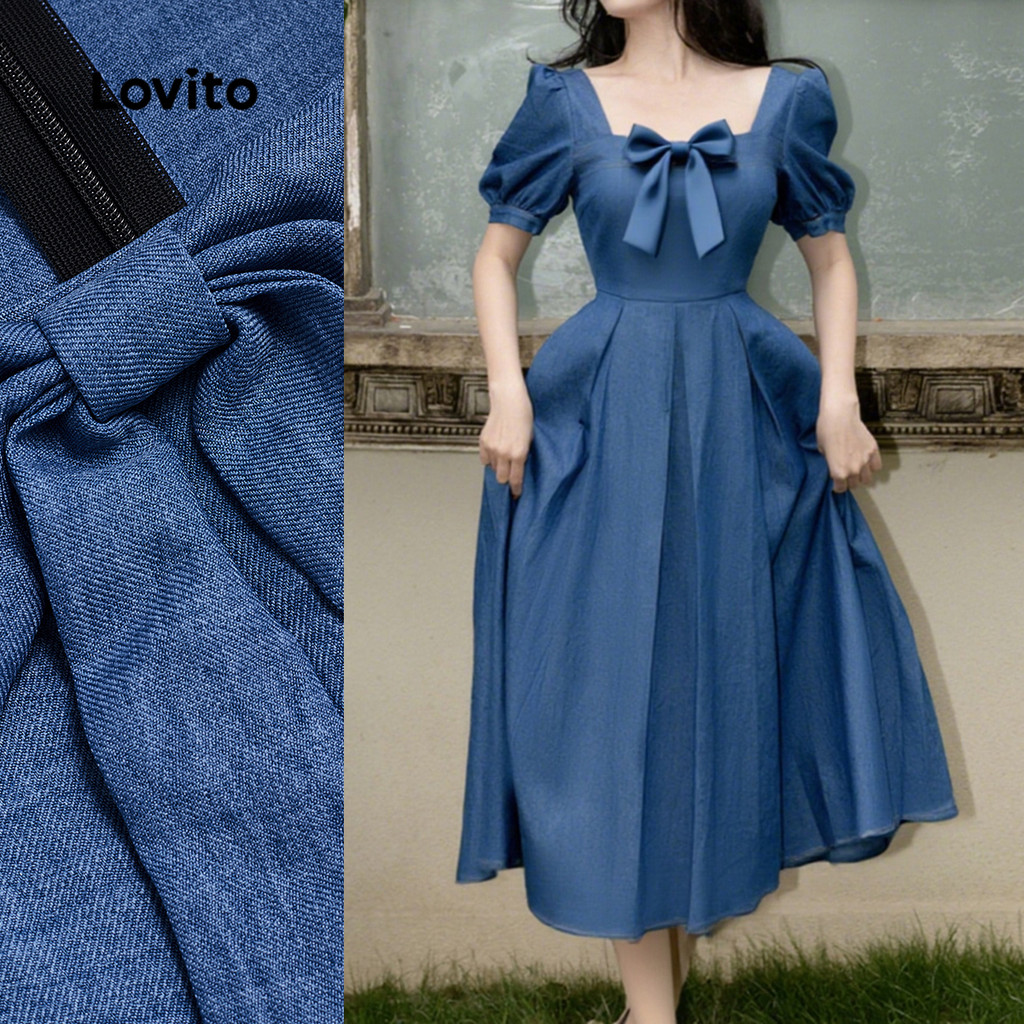 (New) Lovito Vestido Elegante com Laço Plissado Primavera/verão para Mulheres L149ED176 em Oferta na Shopee