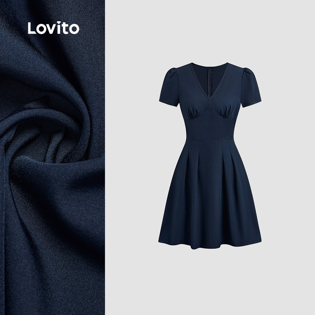 (New) Lovito Vestido Casual de Lazer Simples para Primavera/verão Vestido Azul-marinho para mulheres L151AD454 em Oferta na Shopee
