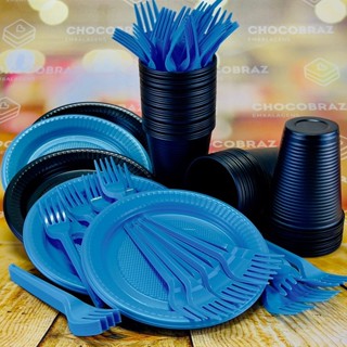 Kit Festa 50 PESSOAS DESCARTAVEIS GARFO + PRATO + COPO (PRETO E AZUL CL) em Oferta na Shopee