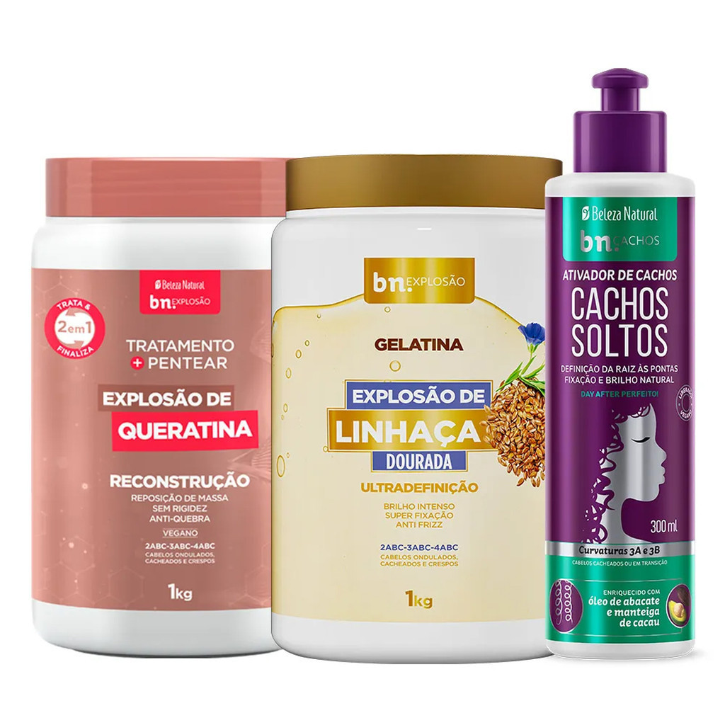 Kit Creme de Penterar + Tratamento de Queratina + Gelatina Capilar Linhaça Dourada + Ativador Cachos em Oferta na Shopee