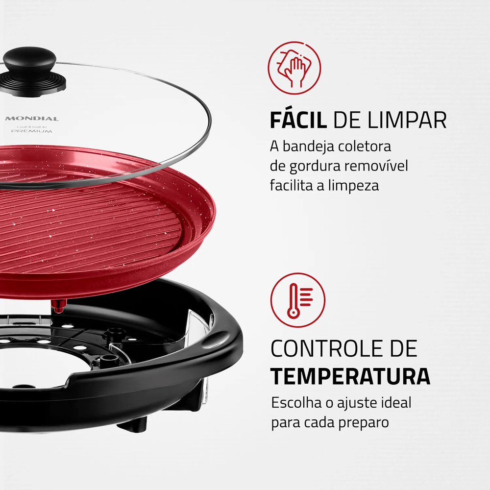 Grill Redondo Mondial Cook & Grill G-03-RC 1270W PRETO/VERMELHO - 127V · foto 2