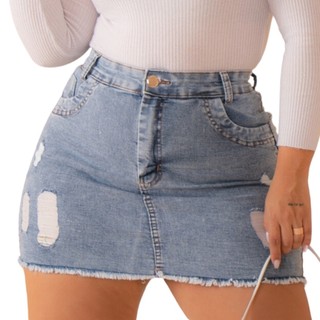 Saia Jeans Feminina Plus Size Barra Desfiada Cintura Alta