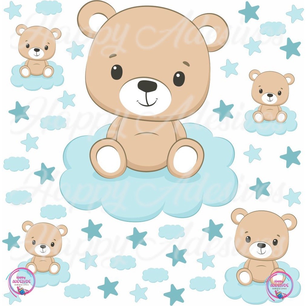 Kit 58 Adesivos Ursinho Menino Urso Azul Nuvem Estrela Infantil Decoração Quarto Parede Adesivo DCM