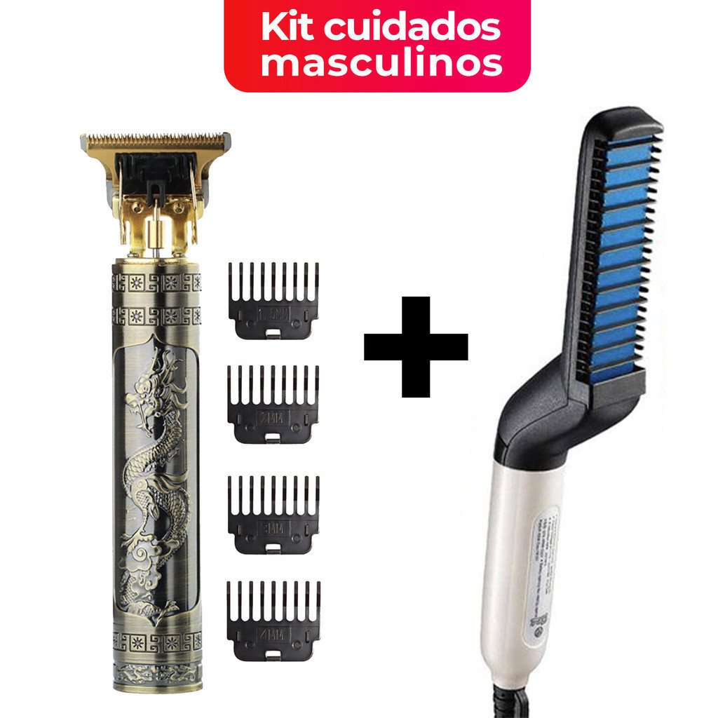 KIT 2 Escova Barba Chapinha Modelador Pente e Máquina Profissional T9 Para Acabamentor Cabelo Para Barba-Kit cuidados masculinos