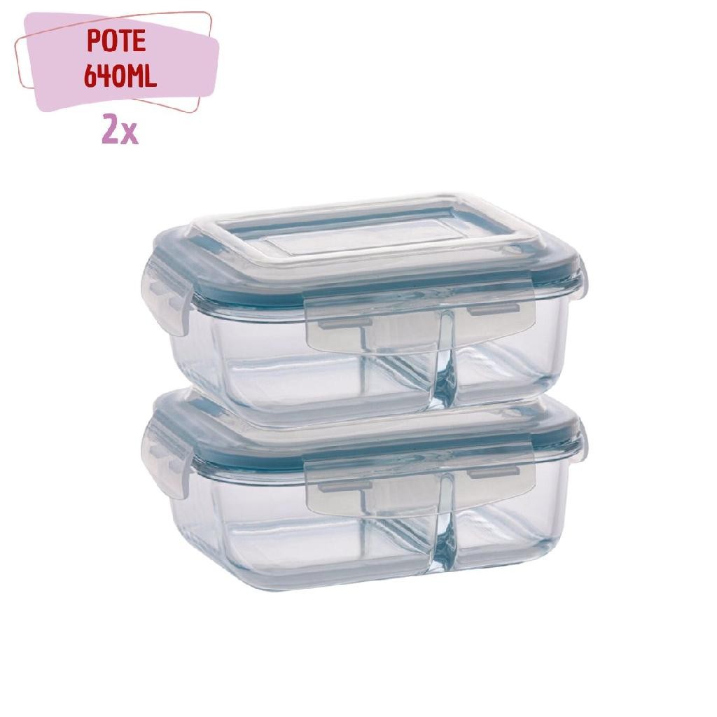 Kit 2 Potes 640ml Divisória Hermético Marmita Fit 4 Travas