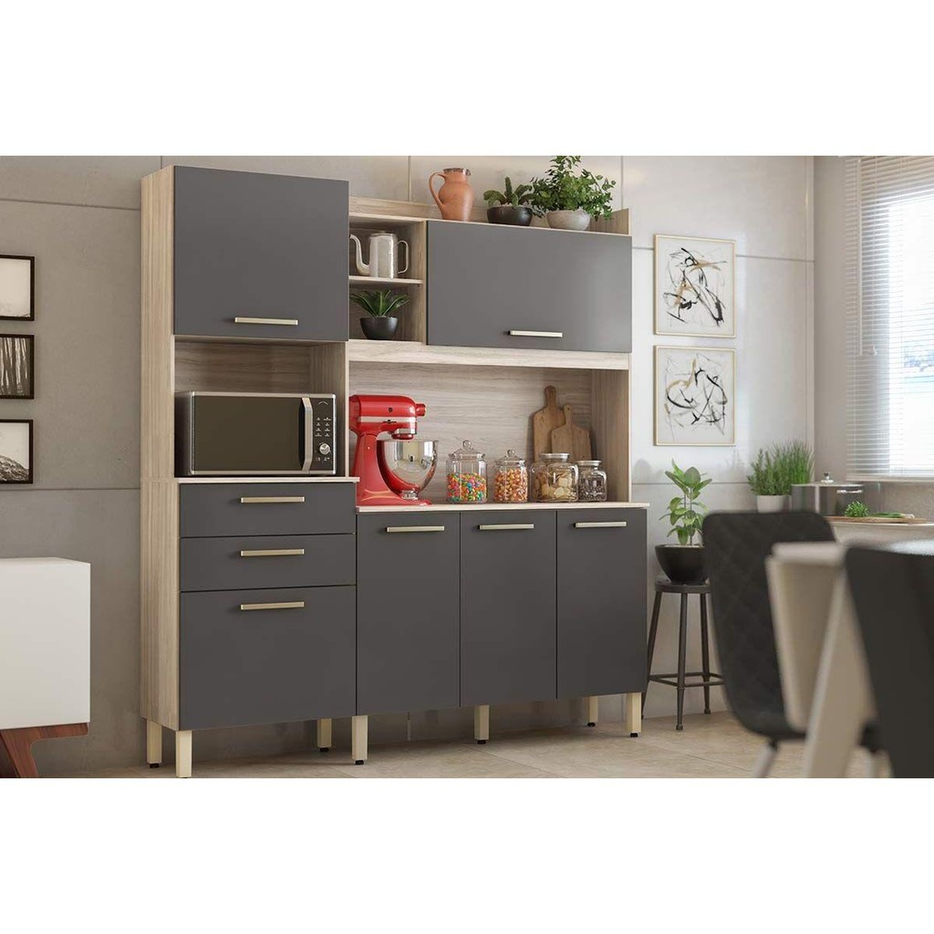Kit de Cozinha Compacta Select c/ 6 Portas e 2 Gavetas 178x194 Avena/Grafito - Demóbile