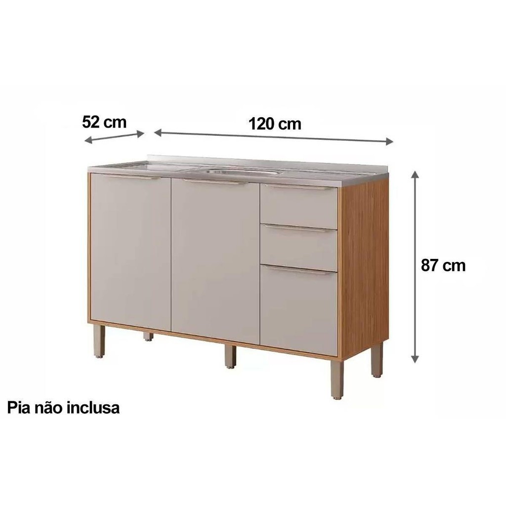 Detalhes do Balcão de Cozinha Modulado Esplêndida 3 Portas e 2 Gavetas s/Tampo 120cm Freijo/Off White - MGM
