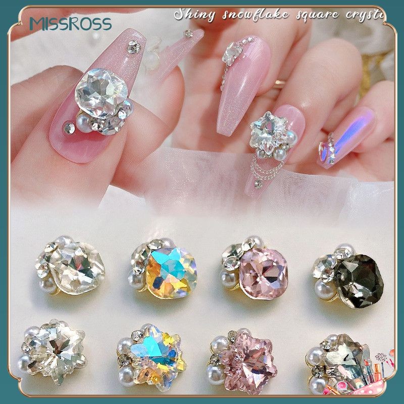 1pc Nail Art Fat Square Pile Drill Jewelry Snowflake Pearl Pointed Bottom Big Diamond Alloy Charm Nail Decoration Manicure Tool For Nail Shop 6 Designs MISSROSE