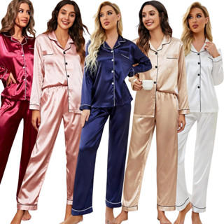 Pijama feminino Americano Cetim de Seda com Elastano Bolso e Botão Calça e Camisa Manga Longa em Oferta na Shopee