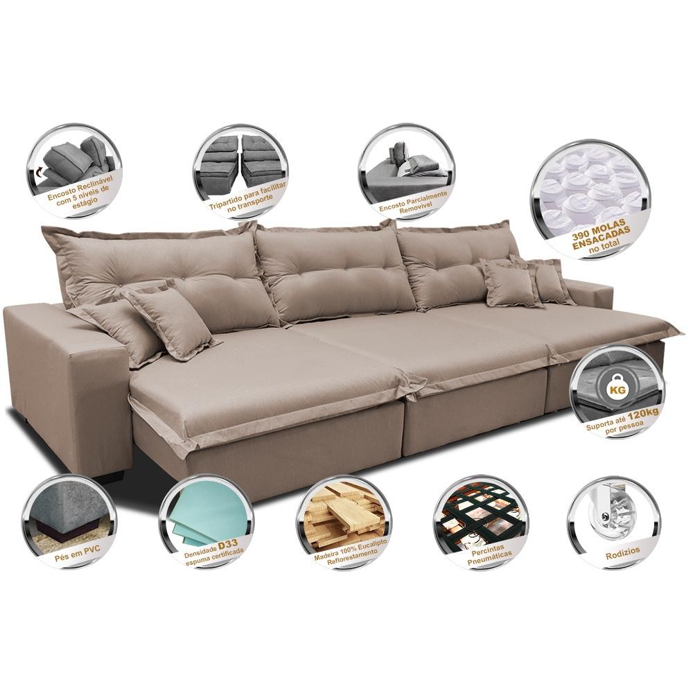 Sofá Retrátil e Reclinável 3,52m com Molas Ensacadas Cama inBox Prime Tecido Linho Bege Escuro