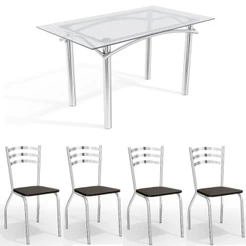 Conjunto Sala de Jantar Kappesberg Crome Tampo de Vidro 4 Cadeiras Cromado Preto