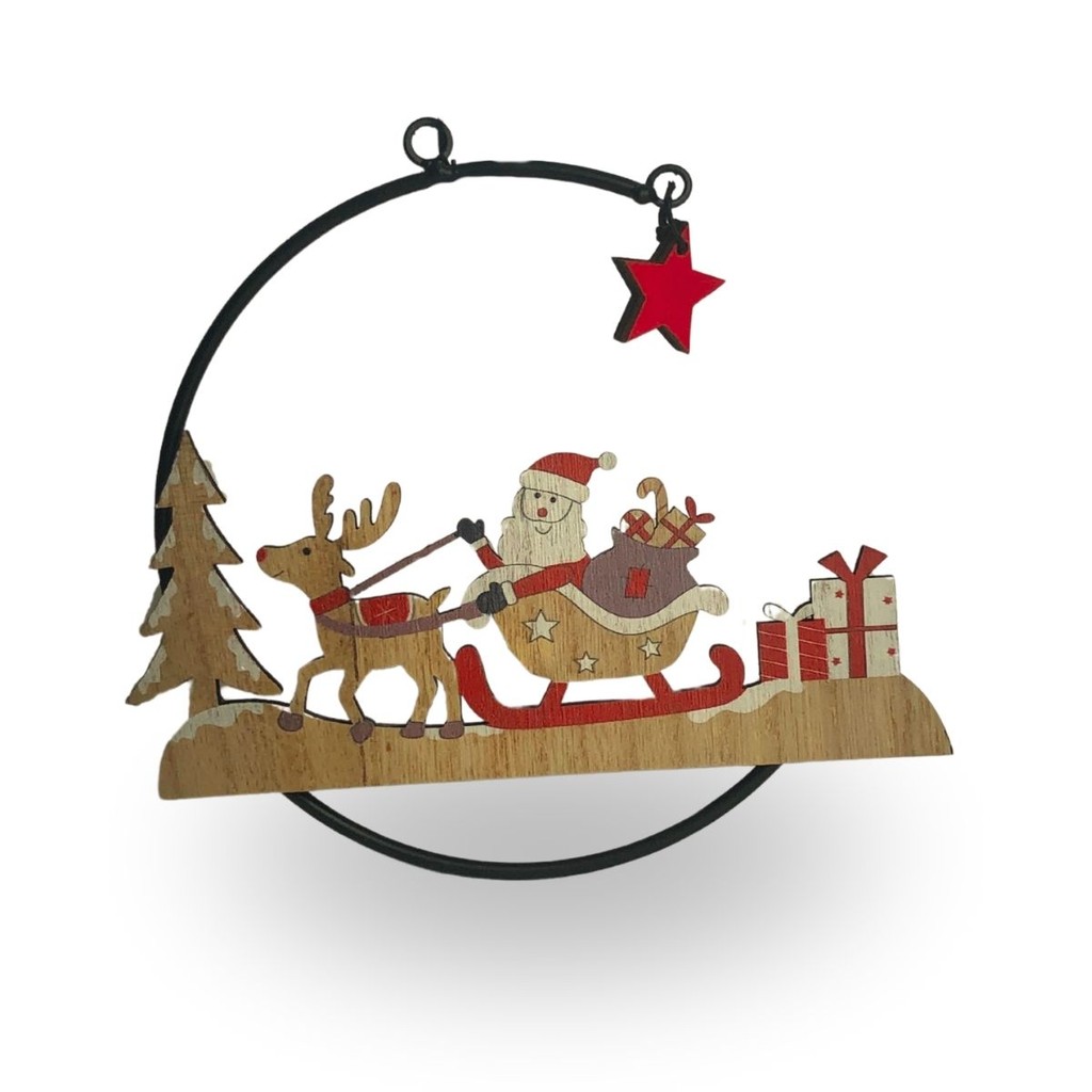 Guirlanda de Madeira e Metal para Porta Natal Papai Noel