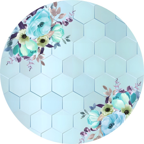 NOVO Painel Festa Infantil Redondo Fundo Geométrico Flores Azuis Folhas Prateadas + Arco, Suporte incluso. Fazemos personalizado com qualquer tema. Confeccionado em Lona fosca, impressão de alta resolução. cenário , p/ Decoração