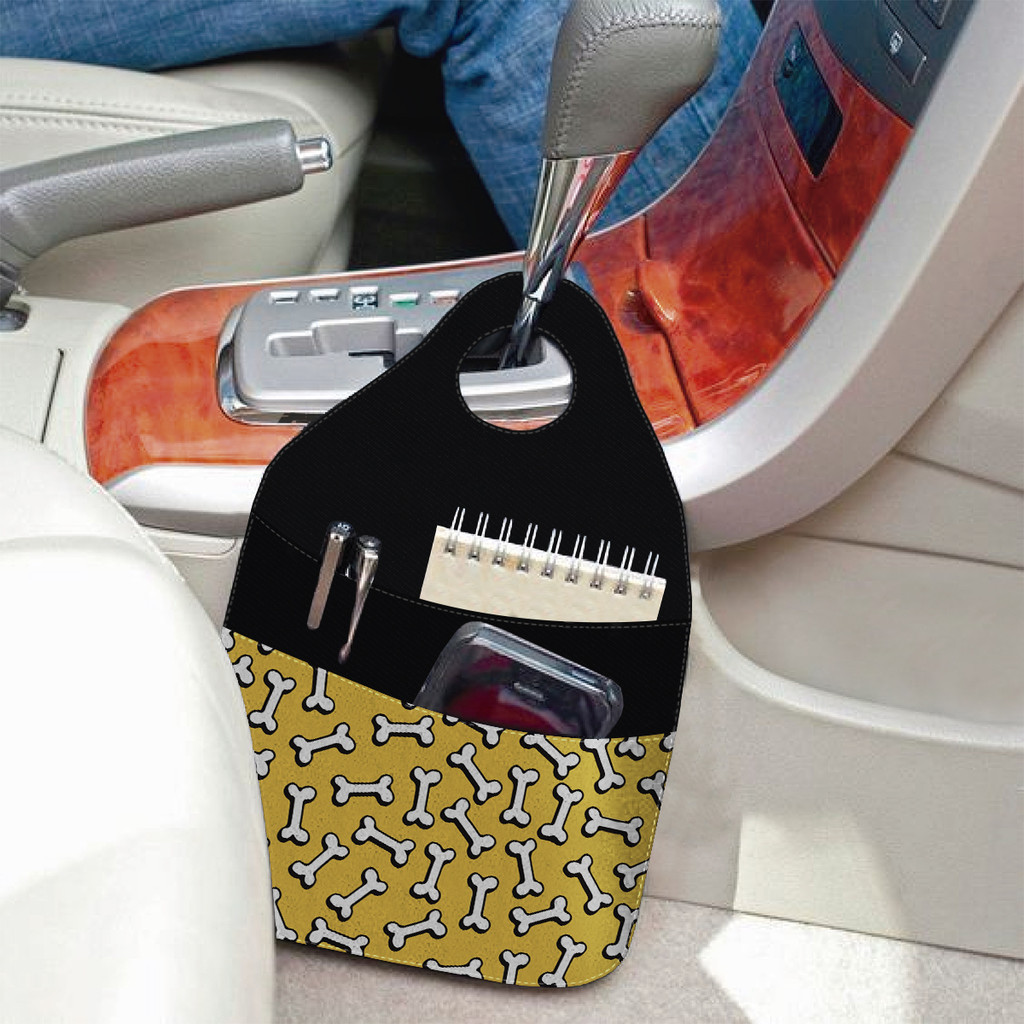 Lixeira para Carro Automático com Bolso Multifuncional Ossos Pet e Fundo Amarelo
