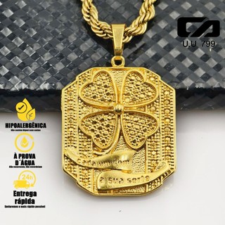 Corrente Baiana com Pingente de Tio Patinhas e Trevo de Quatro Folhas Cravejado e Banhado a Ouro 18K