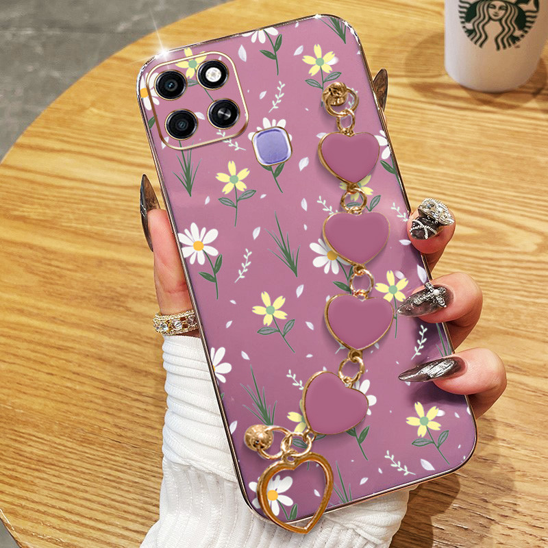 Capa Para Infinix Smart 6 HD Tecno Spark 6 Go 5 6 Air 8 Pro KE5j KF6 KG8 X6511B Pequenas Flores Galvanoplastia De Telefone Anti-Queda Com Pulseira De Amor Protetora