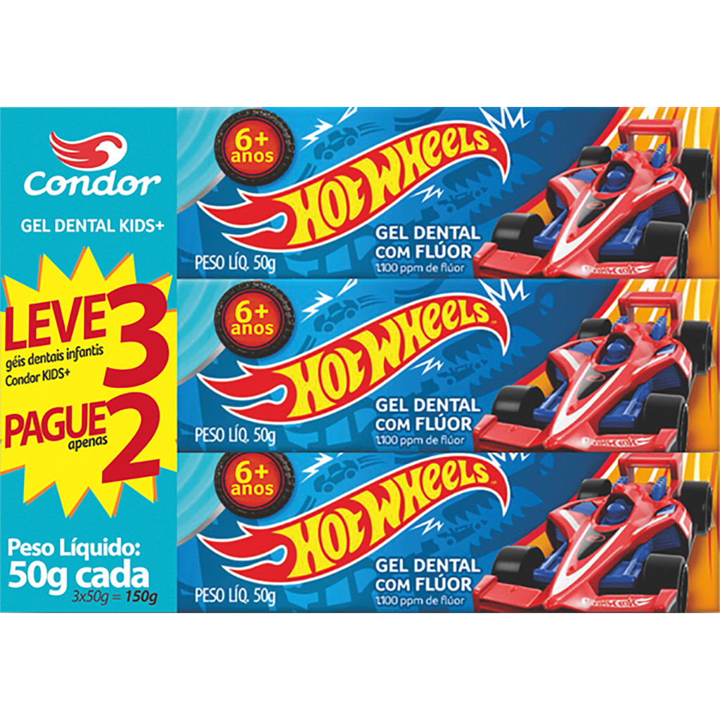 Kit 3 Pasta de Dente/Creme Dental Hot Wheels infantil 50G - Condor