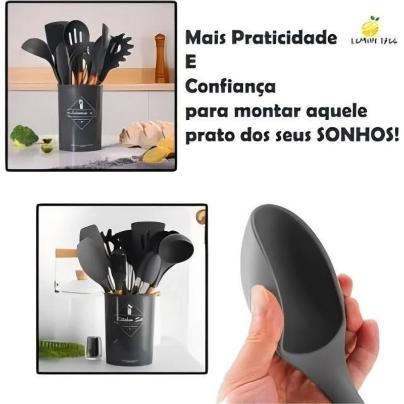Kit 12 Peças de Utensílios de Cozinha em Silicone e Bambu — foto 6